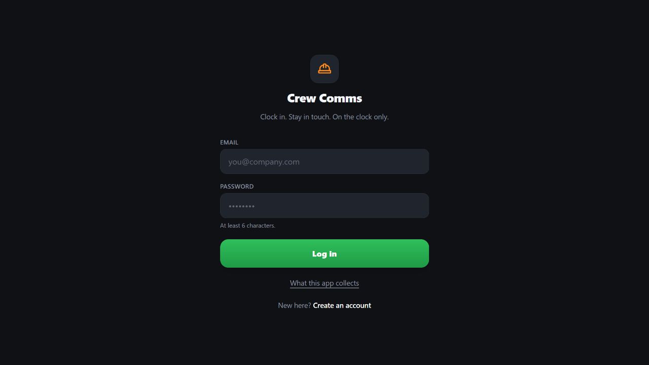 Crew Comms sign-in screen reading Clock in, stay in touch