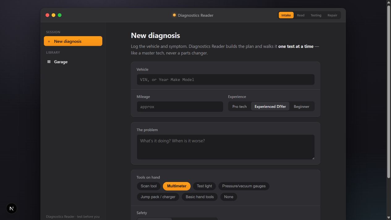 Diagnostics Reader new diagnosis screen