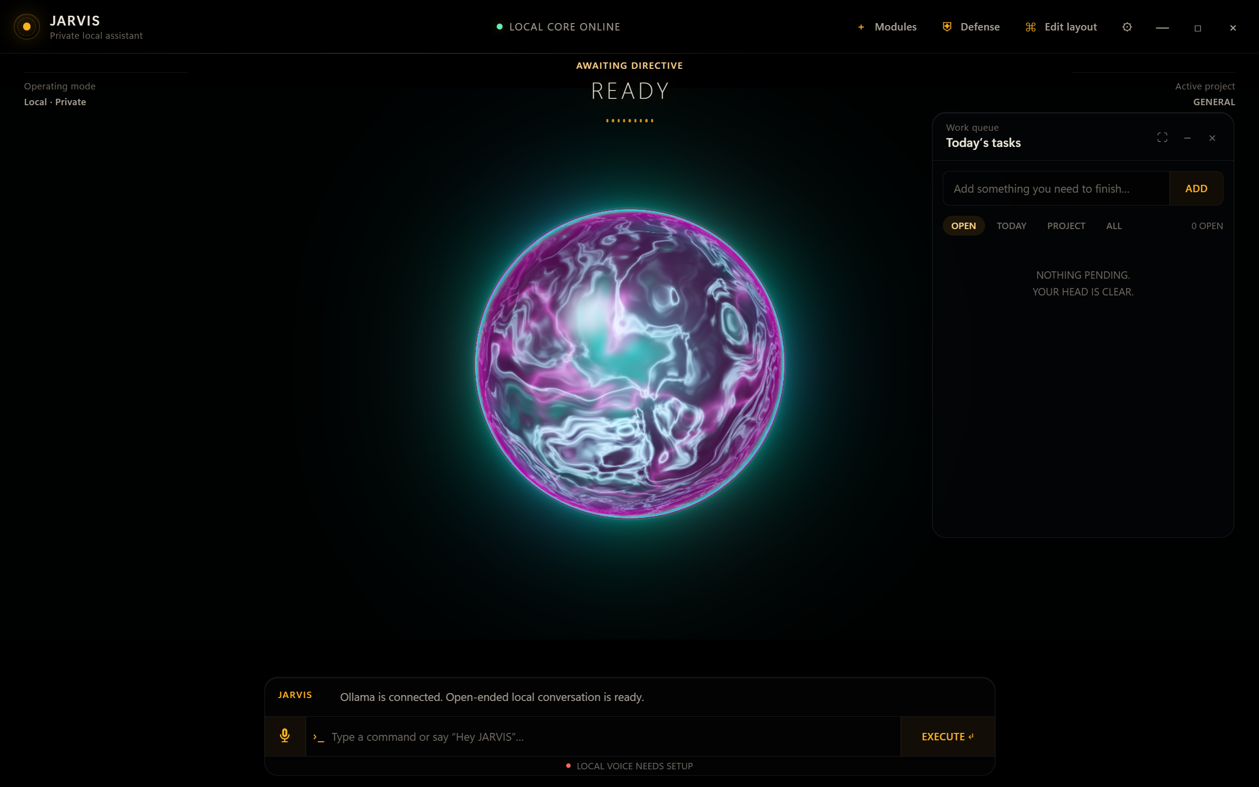 J.A.R.V.I.S. reactive Obsidian orb showing Ready